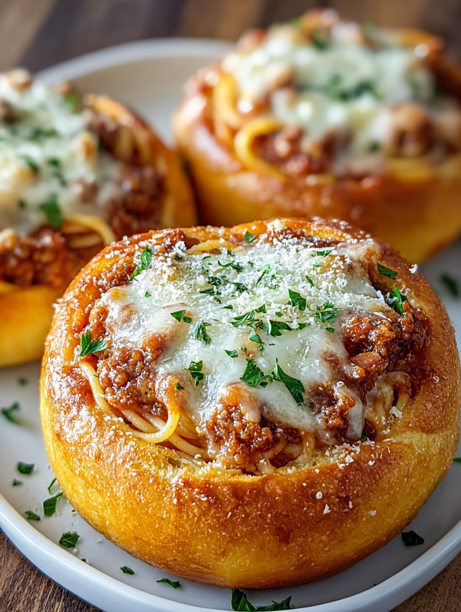 Bols de Pain Garnis de Spaghetti & Sauce Bolognaise