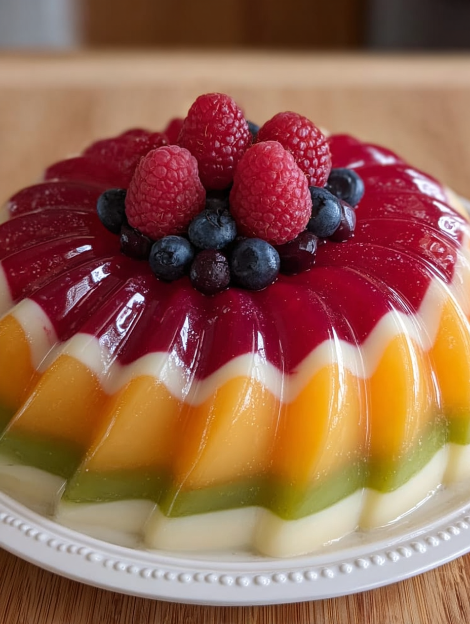 Gâteau de Gélatine Arc-en-Ciel Tourbillonnant : Découvrez la recette délicieuse et colorée! 4 Gâteau de Gélatine Arc-en-Ciel Tourbillonnant avec Fruits Rouges