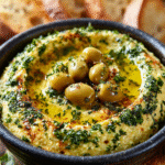 Houmous aux Olives Vertes avec Huile aux Herbes & Pain