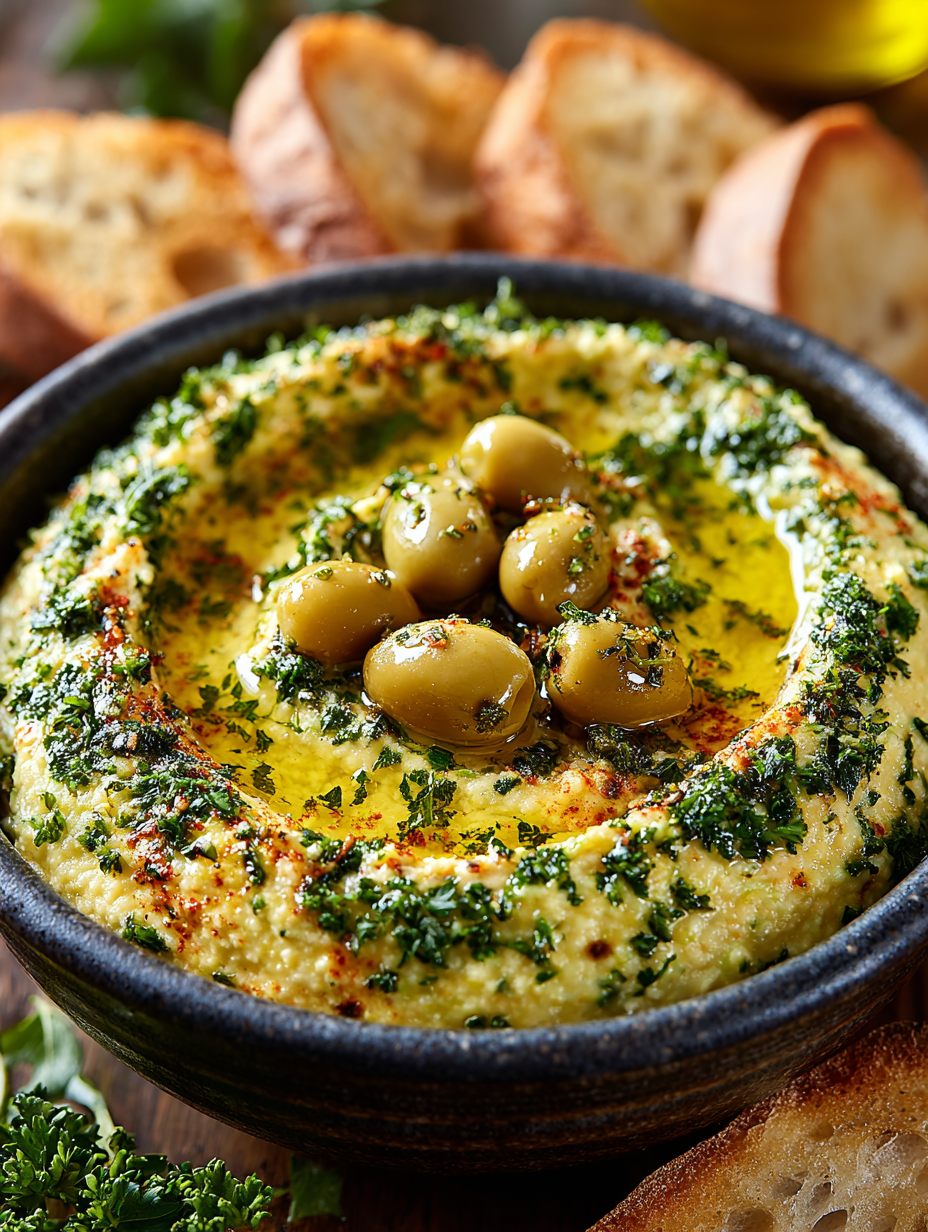 Houmous aux Olives Vertes avec Huile aux Herbes & Pain : Découvrez la Recette Délicieuse! 4 Houmous aux Olives Vertes avec Huile aux Herbes & Pain