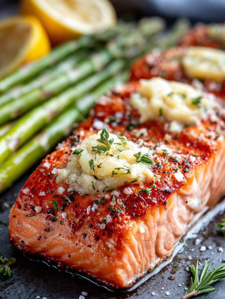 Pavés de Saumon au Beurre Aillé en Papillote avec Asperges